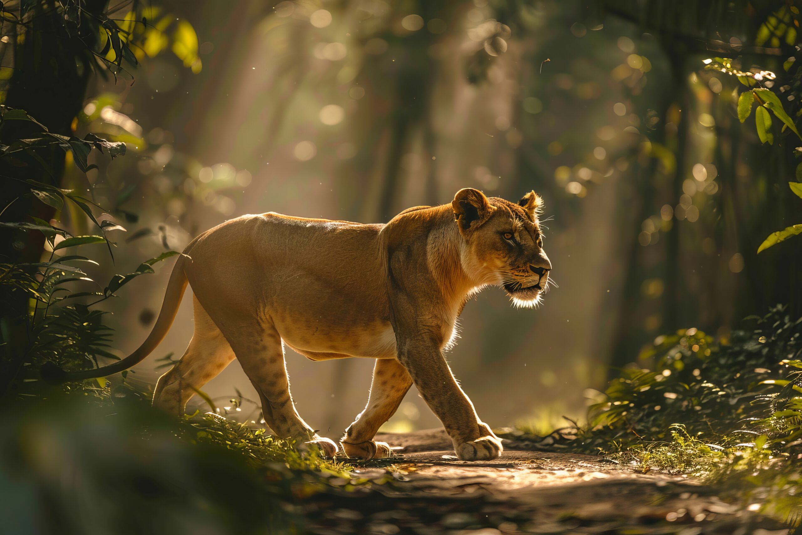 Real documentary nature photograph with copy space. A lion crossing a sunlit path in a dense forest, with green foliage and shadows creating a dynamic scene, ensuring there is plenty of space around the lion --ar 3:2 --stylize 400 Job ID: 46bdc113-8218-47e4-b774-33dfb87f5ec3
